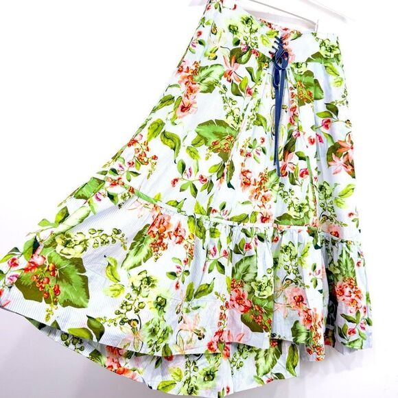 Tommy Hilfiger Blue Pinstripe Floral Print Waist Lace Up Ruffle Hem Midi Skirt - Picture 5 of 14